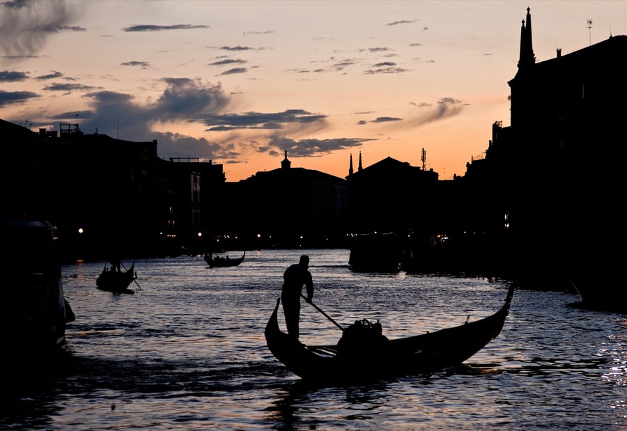 Gondolier on the Grand Canal, Venice at Sunset.