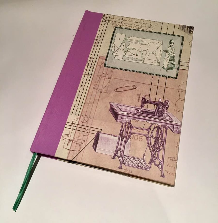 Vintage Sewing Machine & Patterns Slimline A5 Notebook - Lavender