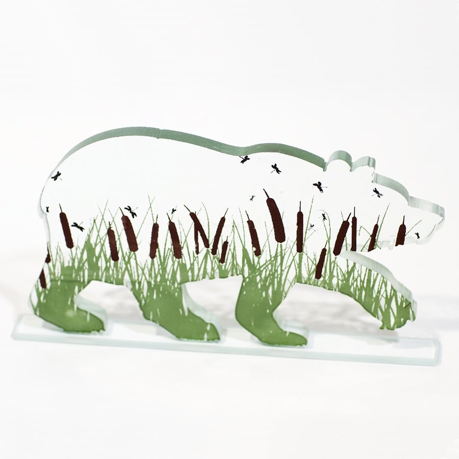 Glass Bear Sculpture with Bulrushes in Printed Kiln-Fired Enamel