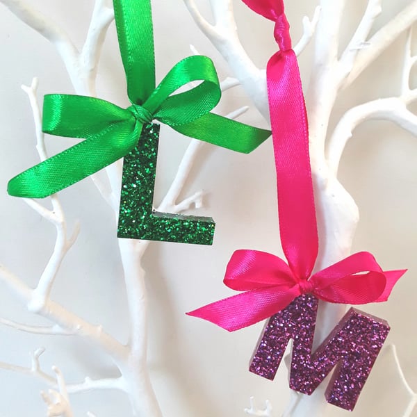 Hanging Glitter Resin Initial, Initial Tree Decoration, Letter Tree Decoration, 