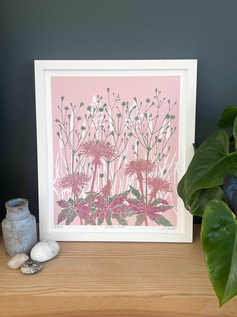 Dandelion Field Wall Art in Dusty Pink and Green, Limited Edition Screen Print