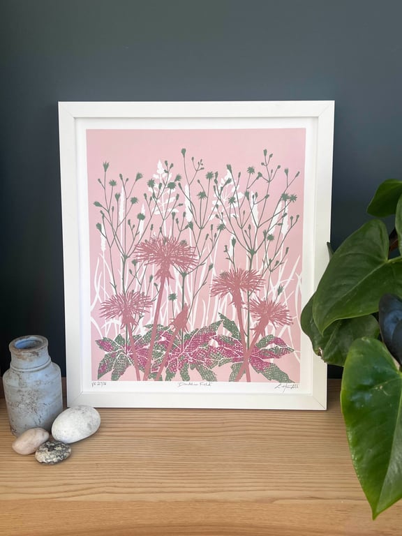 Dandelion Field Wall Art in Dusty Pink and Green, Limited Edition Screen Print