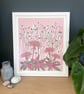 Dandelion Field Wall Art in Dusty Pink and Green, Limited Edition Screen Print - Image 1