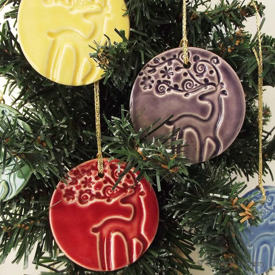 Ceramic stag Christmas decorations bright pottery set of five pottery deer