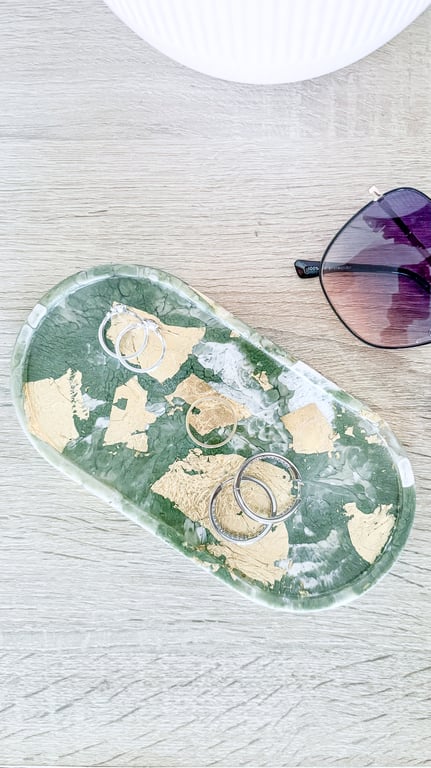 Sage Green & Gold Leaf Resin Trinket Dish