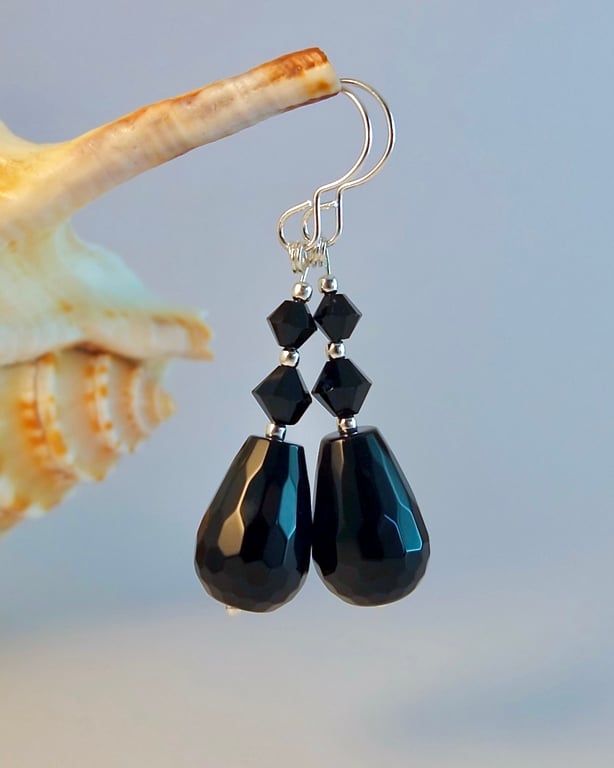 Black Onyx, Crystal & Silver Earrings, Birthday, Anniversary, Gifts For Her