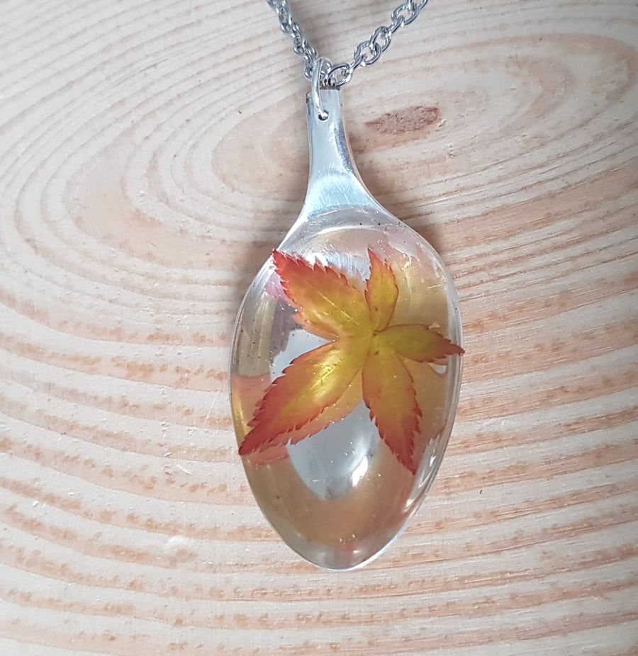 Upcycled Silver Plated Spoon with Acer Leaf in Resin Necklace SPN041708