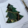 Embroidered up-cycled fabric Christmas tree card. 