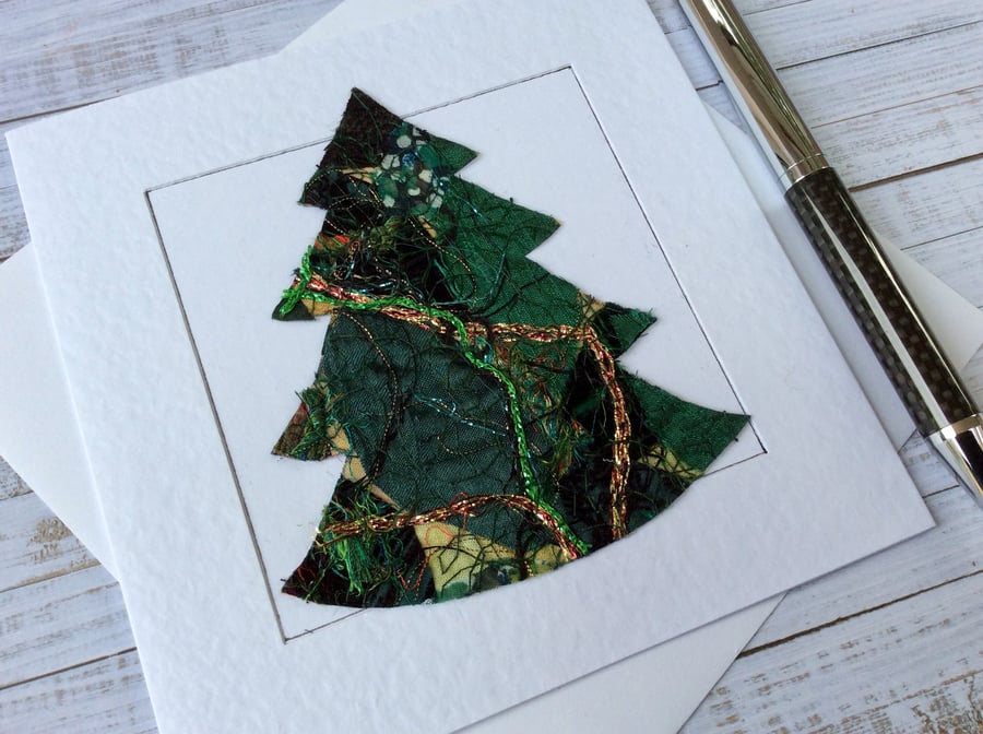 Embroidered up-cycled fabric Christmas tree card. 