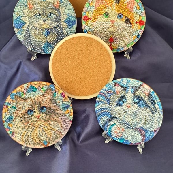 Cat Coasters Set: Diamond Art, Cork Base, Metal Stand