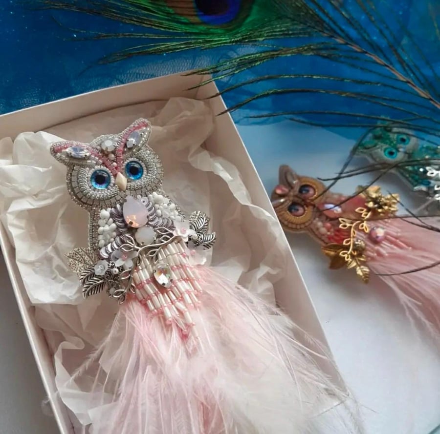 Handmade Pink Owl Brooch, Beaded Bird Pin with Feathers, Unique Animal Brooch fo
