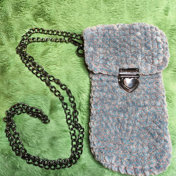 Mini Cross-Body Bag: Grey & Orange Tweed with Black Chain