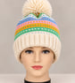 Ladies Hand-knitted Bobble Hat, Cream and Pastel Stripe Design  - Image 2