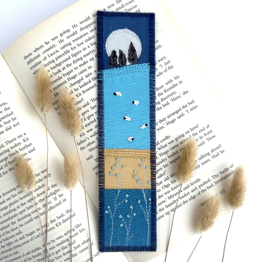 Bookmark with Rising Full Moon, Silhouetted Trees and Moonlit Countryside