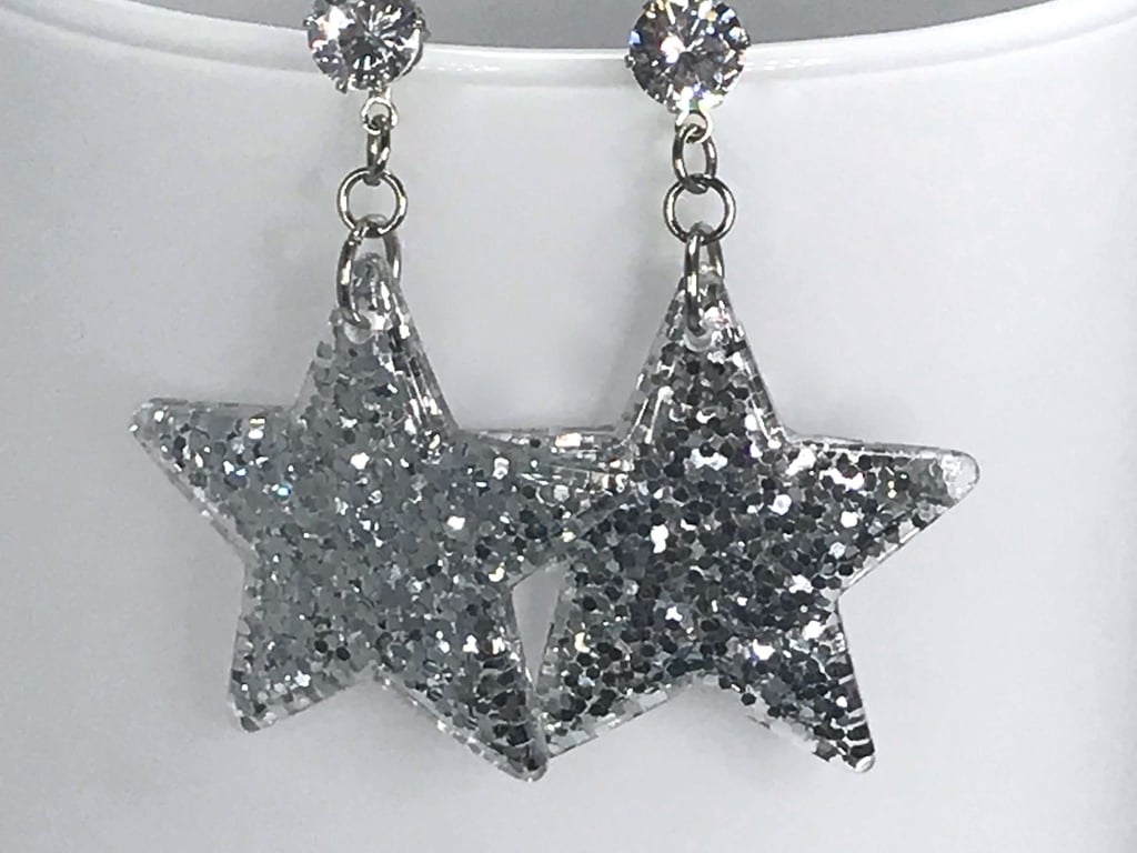 SILVER STAR EARRINGS resin glitter crystal drop disco 