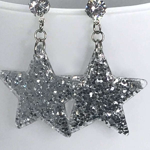 SILVER STAR EARRINGS resin glitter crystal drop disco 