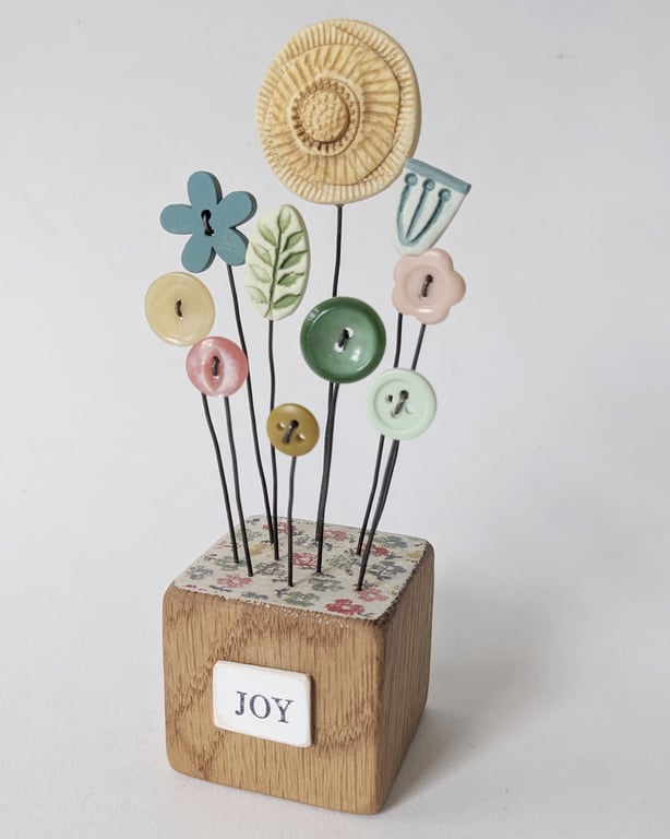 Clay Flower and Button Garden in a Wood Block 'Joy'