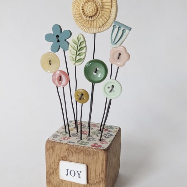 Clay Flower and Button Garden in a Wood Block 'Joy'