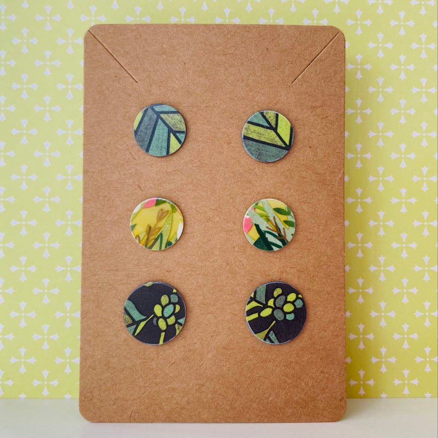 Green leaf recycled plastic stud earrings - set of 3 pairs