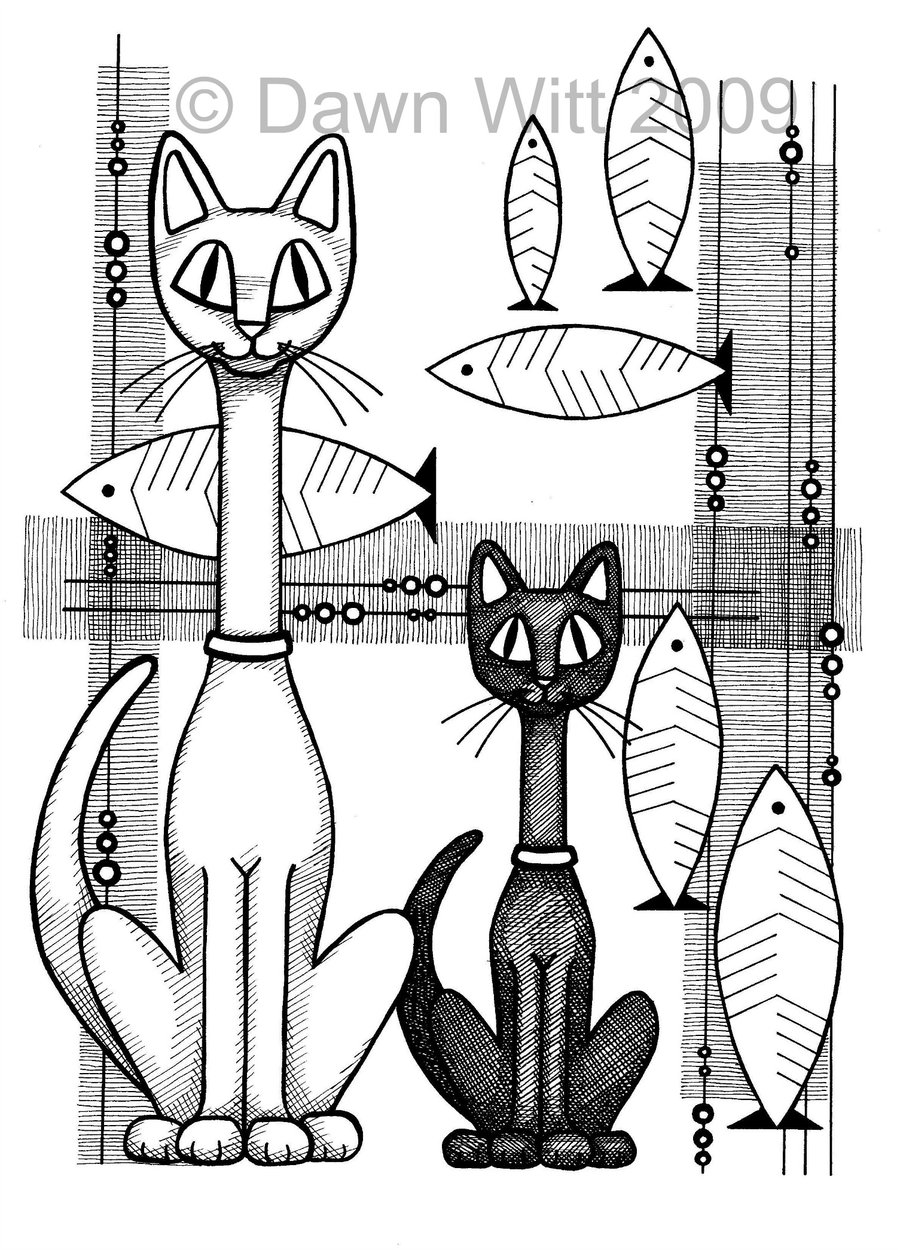 Retro Mid Century Style 60s 70s Long Necked Cats Original Art