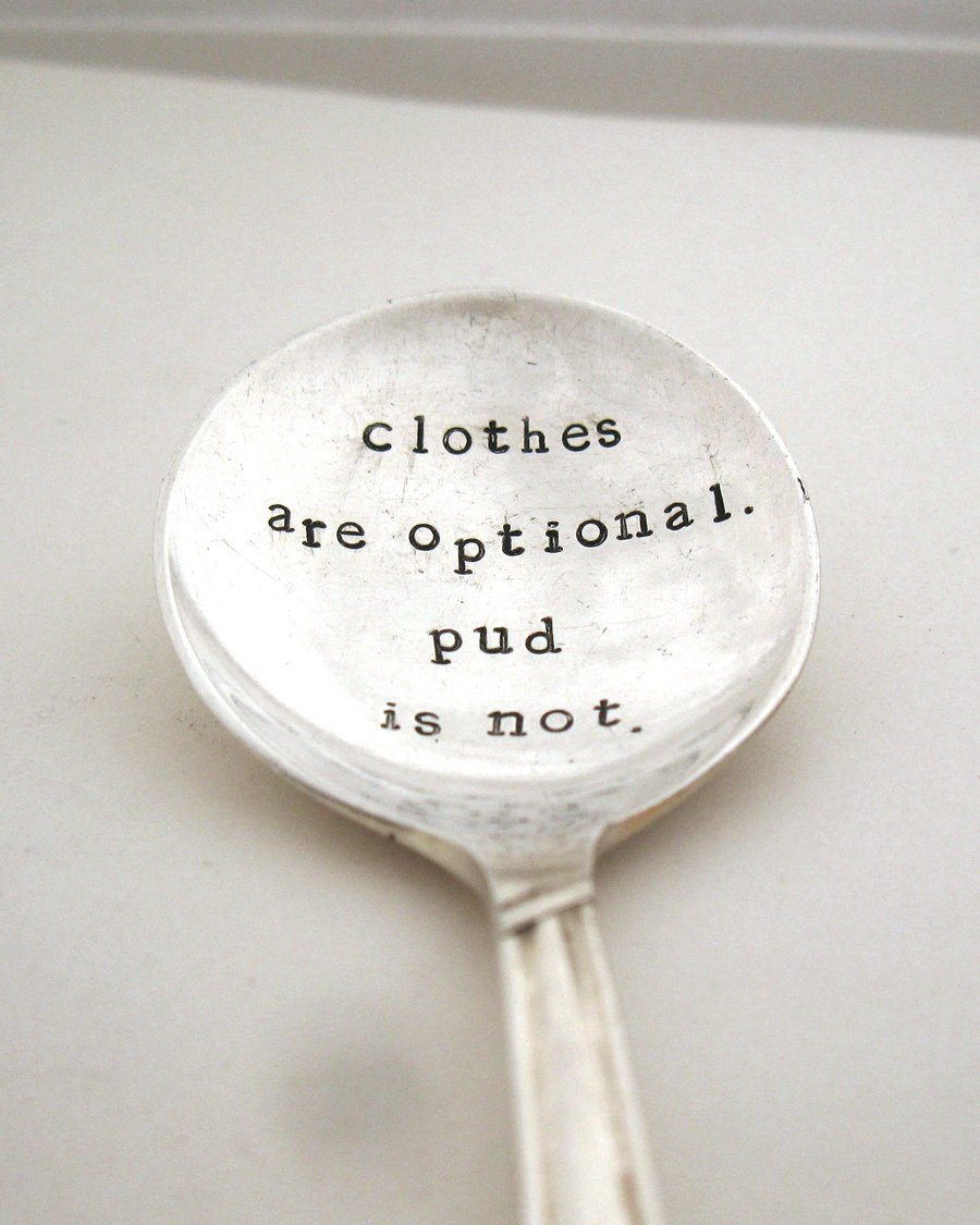 Clothes are optional, pud is not, Handstamped Naturist Xmas Pudding Spoon