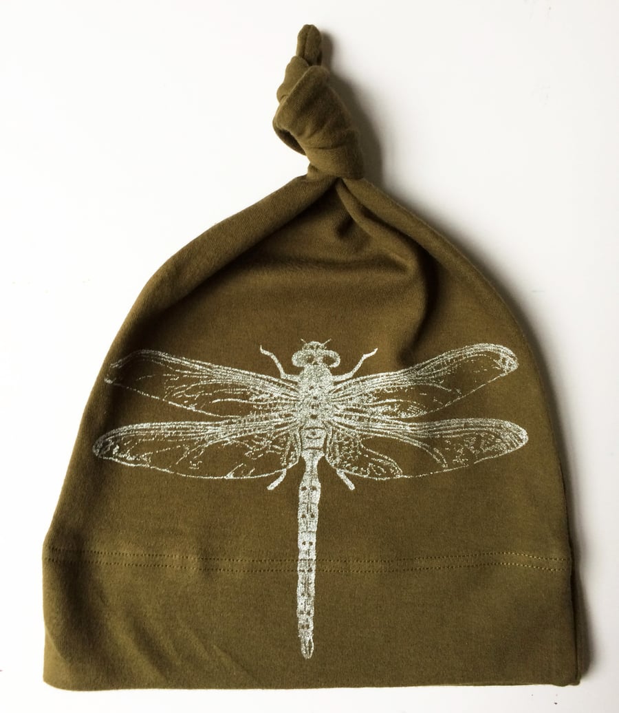 kids babies organic knot hat olive green with silver dragonfly print
