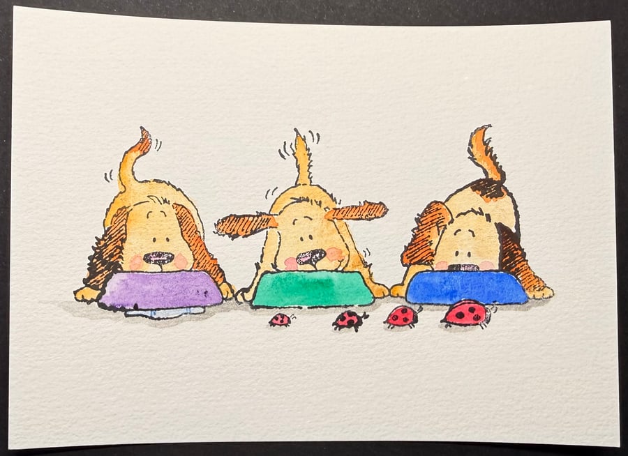 Hand watercoloured card topper from Penny Black stamp - Three dogs