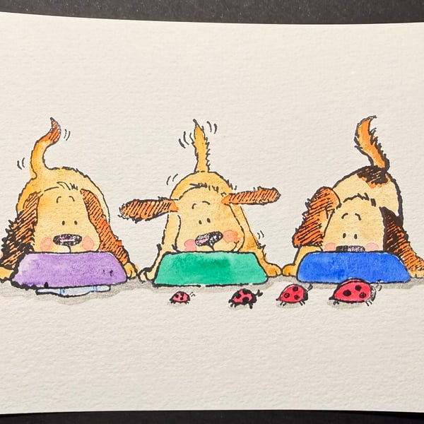 Hand watercoloured card topper from Penny Black stamp - Three dogs