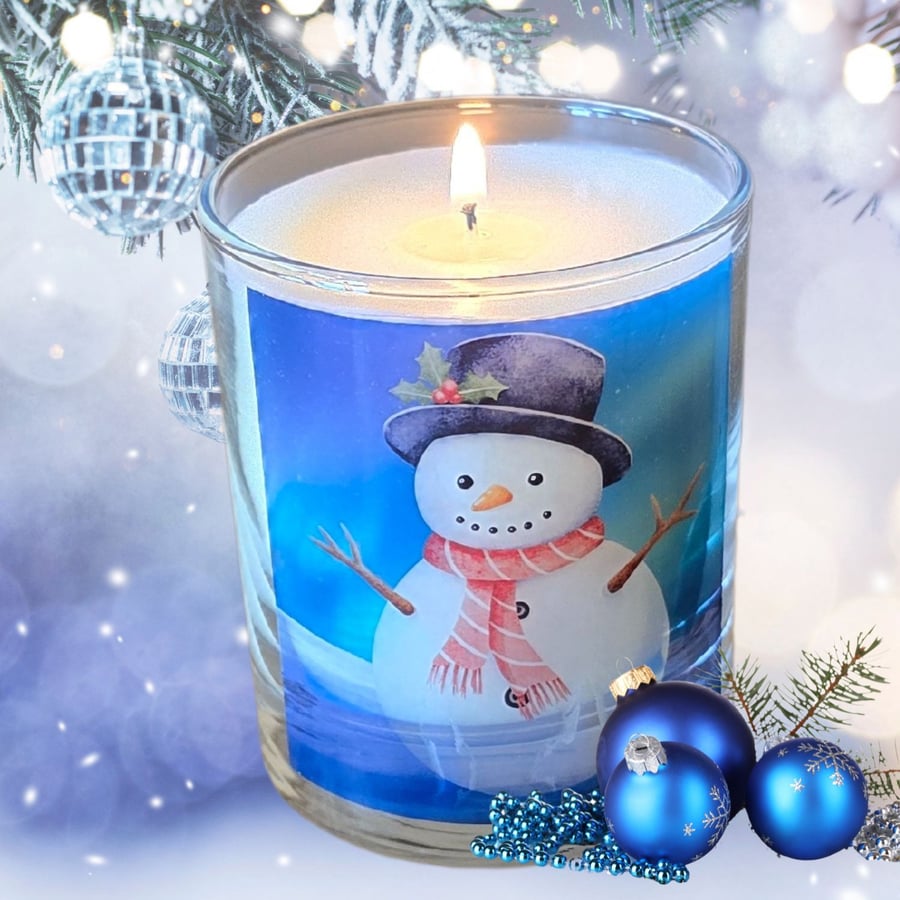 Christmas Fragranced Snowman Design Scented Candle in Glass Wax Blend Gift