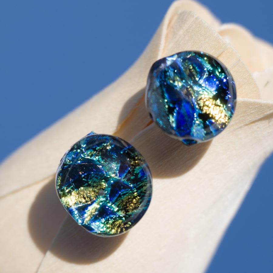 Blue and Gold Dichroic Glass Earrings on Sterling Silver Studs - 2514