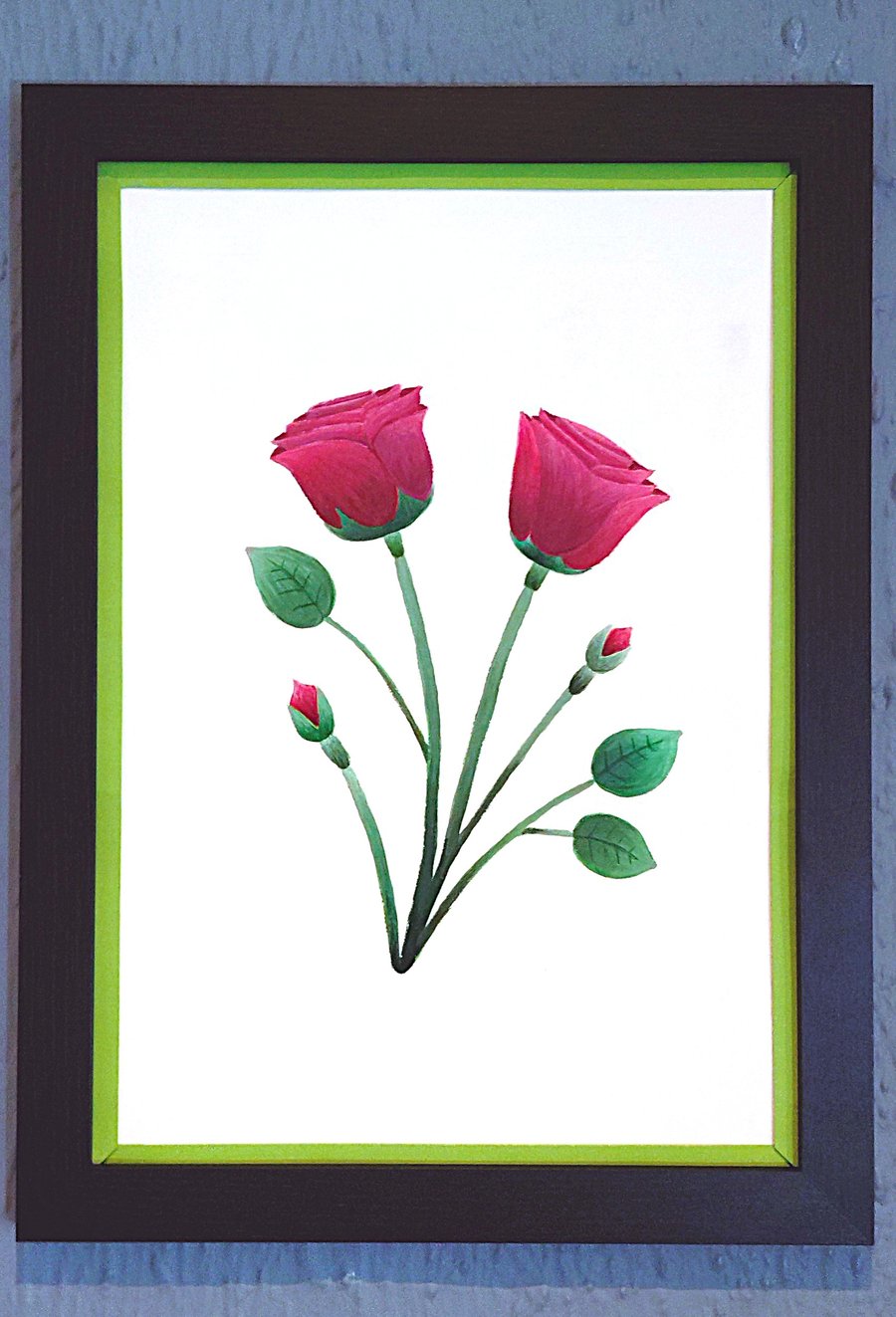 Genuine Made In UK Framed A3 Print Red Roses Light Green Border Wallart