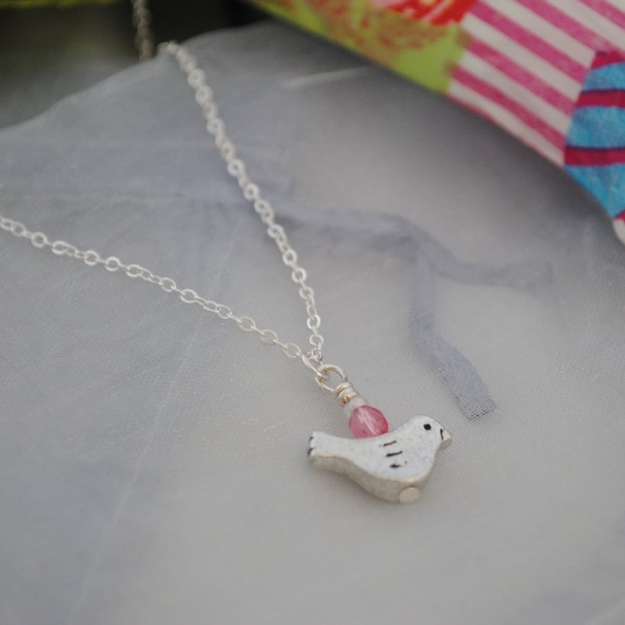 Silver & pink crystal bird necklace