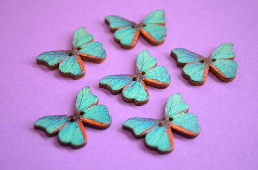 Wooden Butterfly Buttons Blue Brown 6pk 28x20mm (B16)