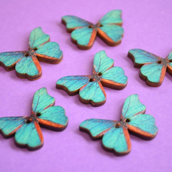 Wooden Butterfly Buttons Blue Brown 6pk 28x20mm (B16)