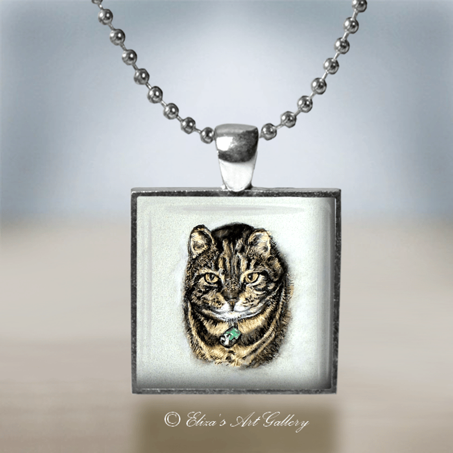 Silver Plated Tabby Cat Art Pendant Necklace