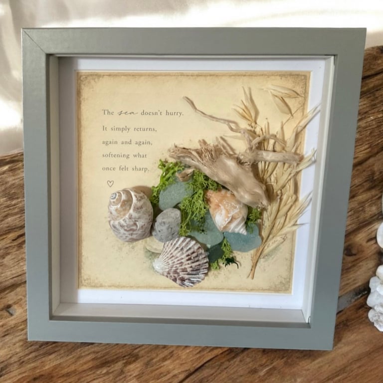 Seaside Curiosities Shadow Box. Coastal Wall Art with Sea Glass and Shells