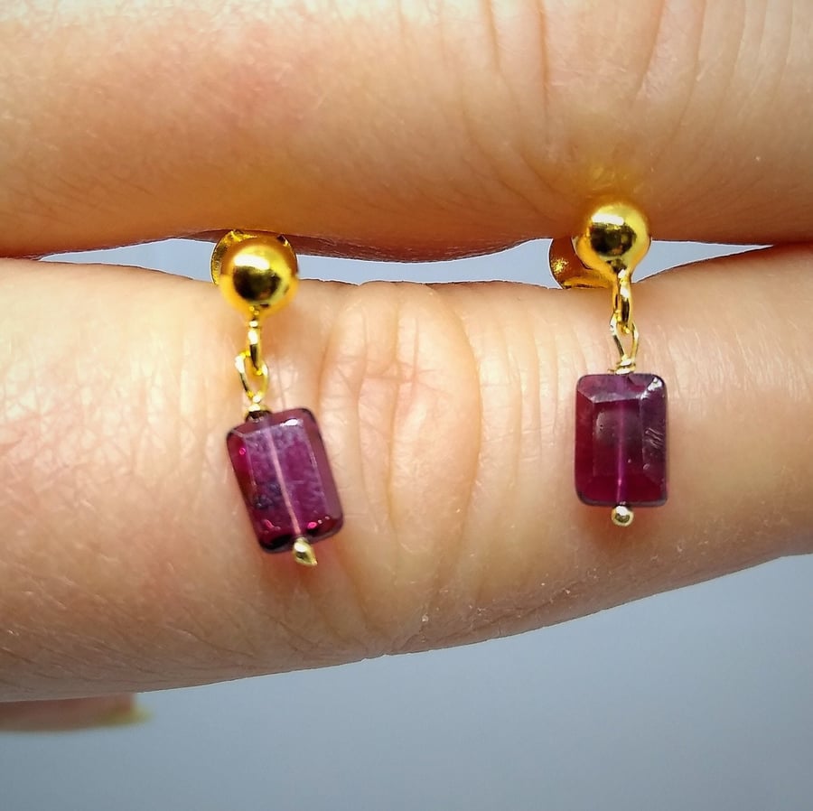 Natural Red Garnet Gold Plated Sterling Silver Drop Stud Earrings