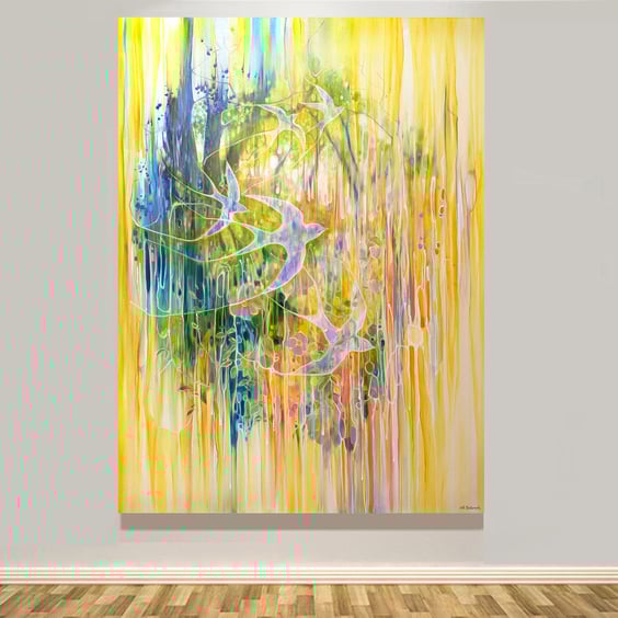 Echoes of Summer, a yellow oil painting with flowers and birds