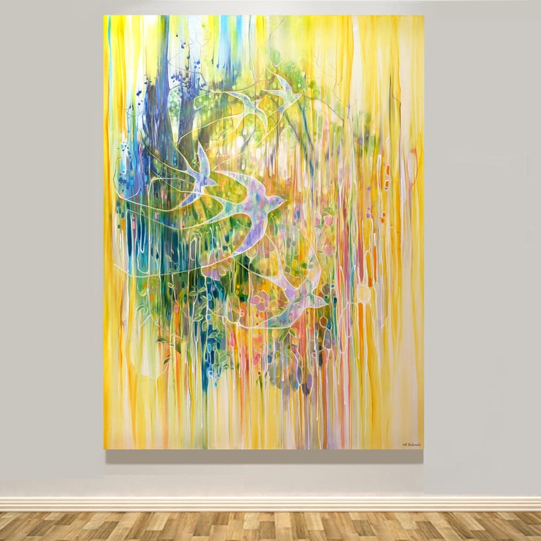 Echoes of Summer, a yellow oil painting with flowers and birds