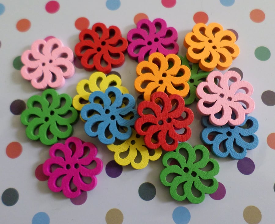 15 x 2-Hole Painted Wooden Buttons - 18mm - Flower - Mixed Colour 
