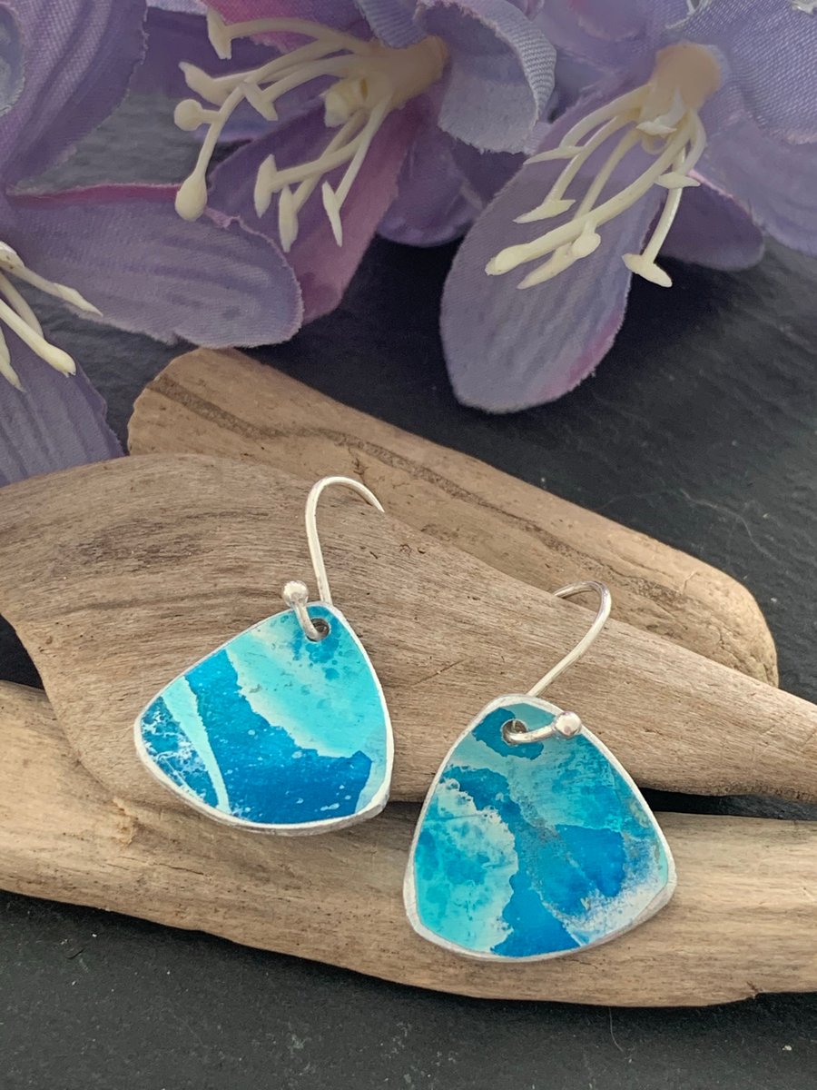 Printed Aluminium and sterling silver earrings - blue