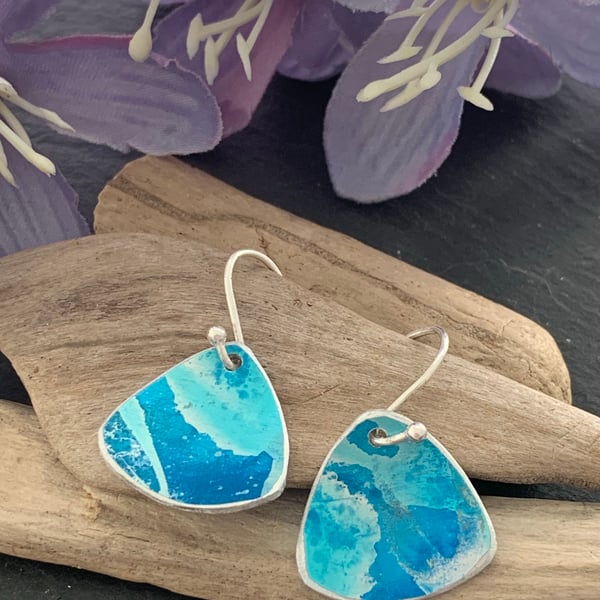 Printed Aluminium and sterling silver earrings - blue