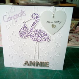 Lilac stork new baby card