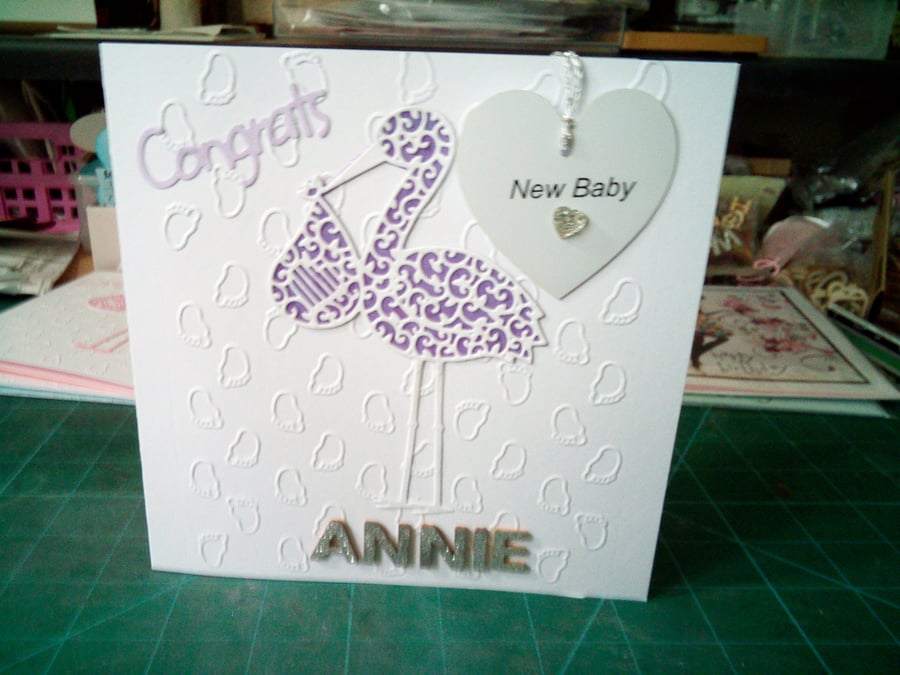 Lilac stork new baby card