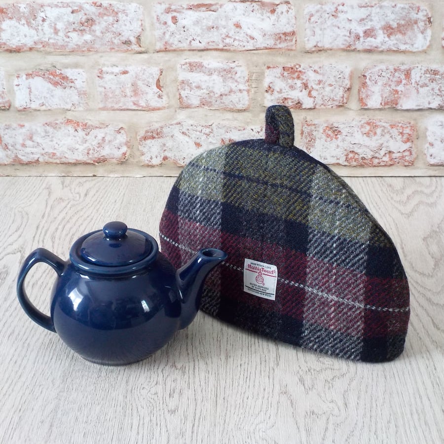 Harris Tweed small tea cosy wine red olive green 2 cup fabric teapot cover 