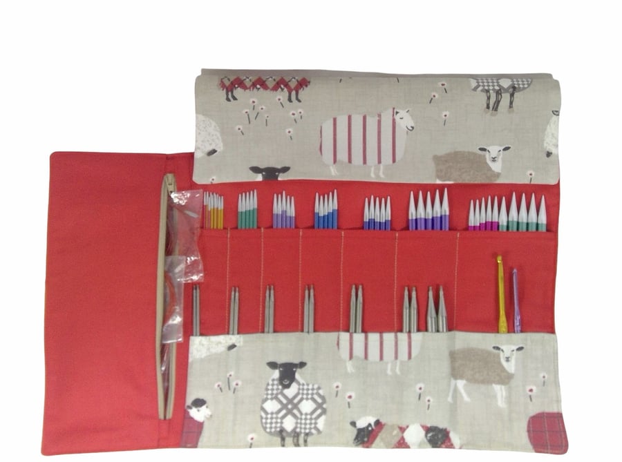 interchangeable and double pointed needle case with red sheep, knitting needle p