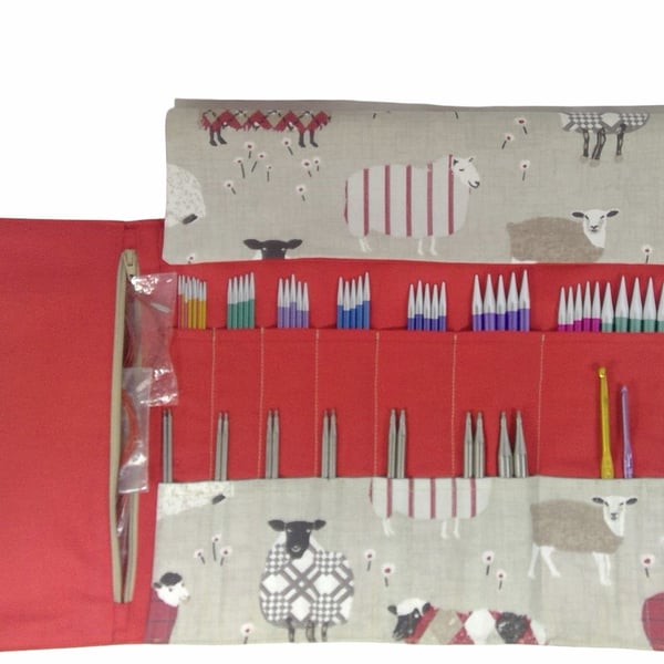 interchangeable and double pointed needle case with red sheep, knitting needle p
