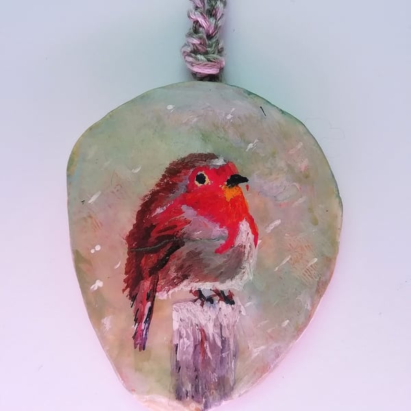 Robin painted hanging shell.