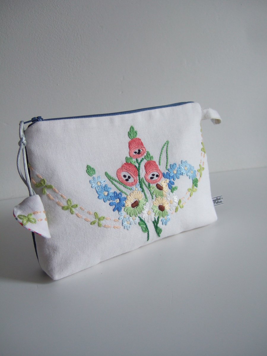 Vintage floral embroidery with foxgloves. Zip up purse, clutch, or keepsakes bag