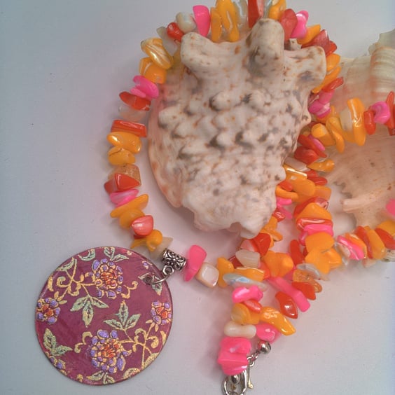 Fuchsia Mother of Pearl Floral Pendant on a Crushed Shell Necklace, Gift for Her